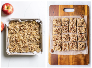 A baking pan shown with the cookies put together with the topping, and some baked applesauce oatmeal bars shown on a cutting board sliced into squares.